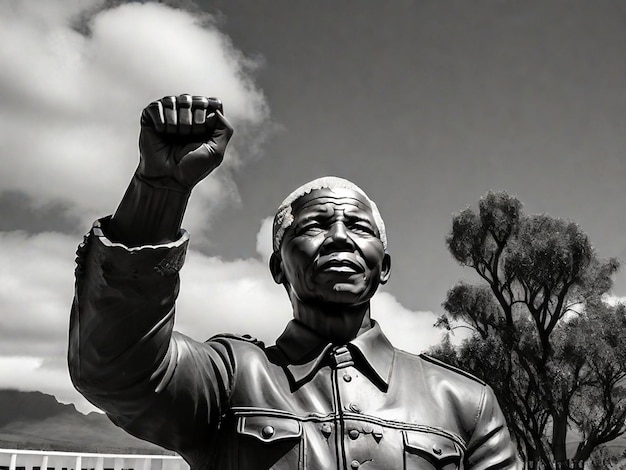 사진 넬슨 만델라 (nelson mandela) 의 동상, 흑백으로 손을 들고 흑인 역사