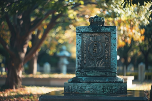 背景に木がある公園の像