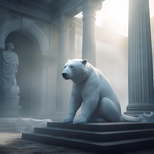 A statue of a polar bear sits on a stone platform.