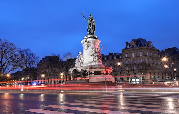 The statue of the Republic in the early rainy morning Paris France