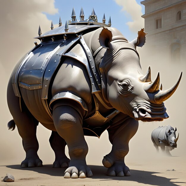 Photo a statue of a rhino with a shield on it