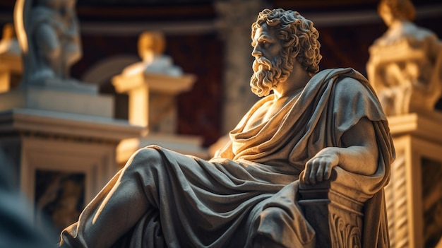 A statue of a roman man sits in a courtyard.