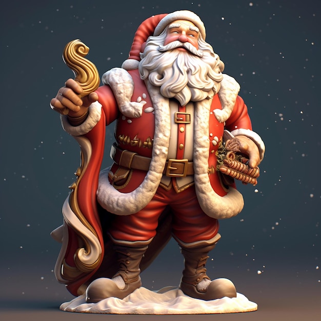 A statue of santa claus is holding a present and has the words christmas on it