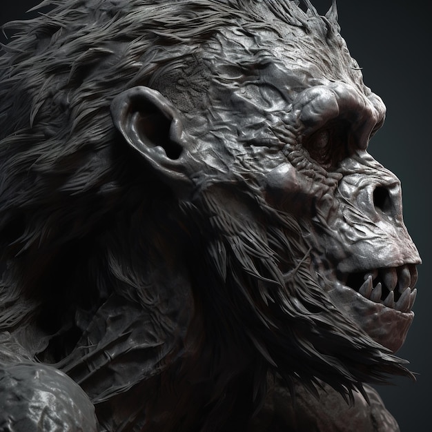 A statue of a scary gorilla with a black background