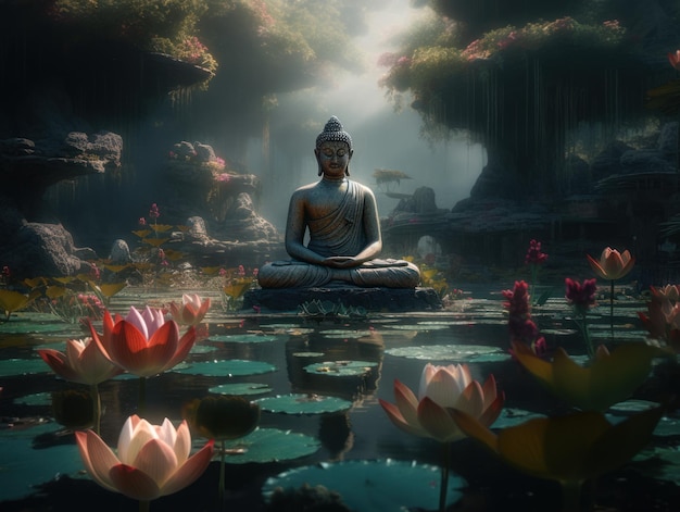 A statue sits in a pond surrounded by lotus flowers.