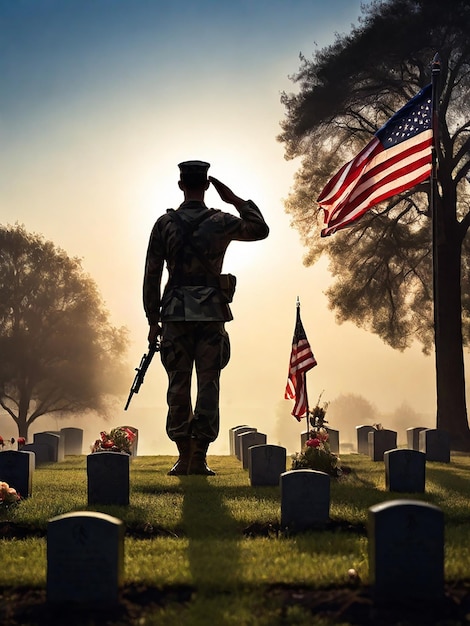 兵士の像が旗と旗を掲げて墓地に立っています
