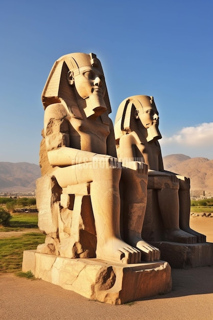 A statue of a sphinx and a mountain in the background