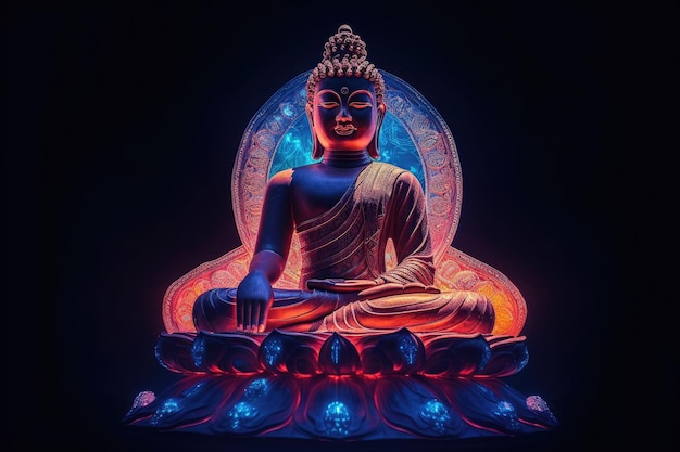 Statue of Spiritual Teacher Buddha in Calm Rest Pose with Shining Light on a dark background Generative AI