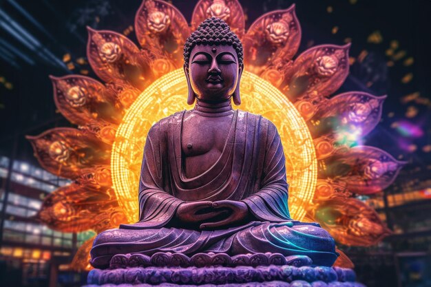 Статуя духовного учителя Будды в позе спокойного отдыха с сияющим светом на темном фоне Генеративный ИИ