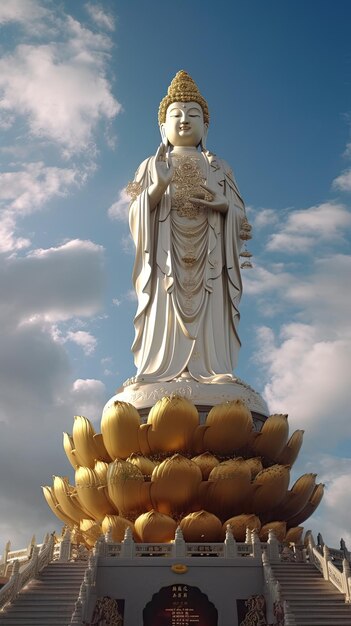 Photo a statue of standing buddha in front of a cloudy sky