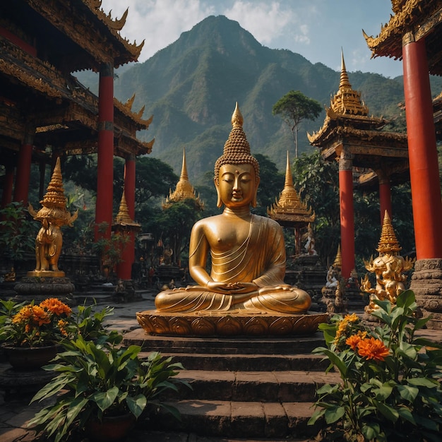 Foto una statua in un tempio con una montagna dietro