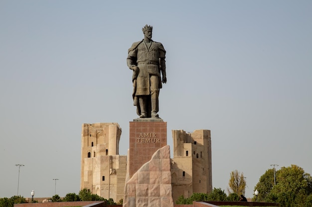 statue of Timur in Uzbekistan Khiva from The Middle short with the light blue sky with cloudy weather in a summer season in the evening time both side empty space