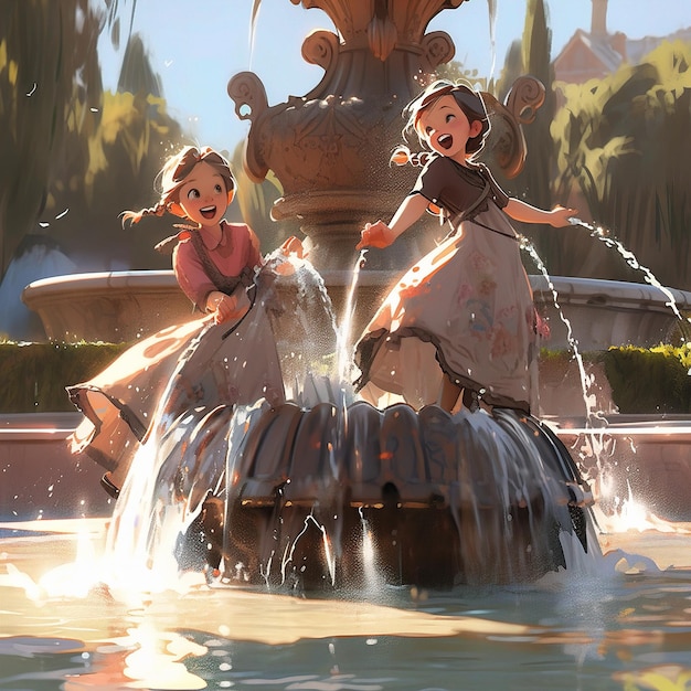 a statue of two girls in a fountain with the sun shining on the water