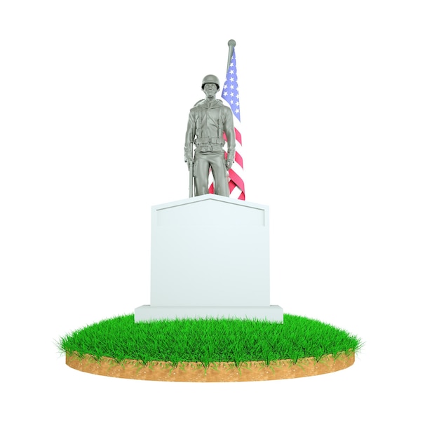 Statue Veteran Day on isolated white background. Veteran Day. Island Grass. 3D Rendering