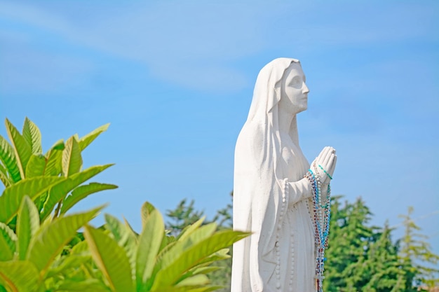 Statue of Virgin Mary praying in a green park