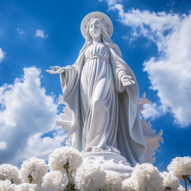 Foto una statua della vergine maria circondata da fiori bianchi