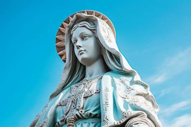 A statue of a virgin mary with the sky in the background