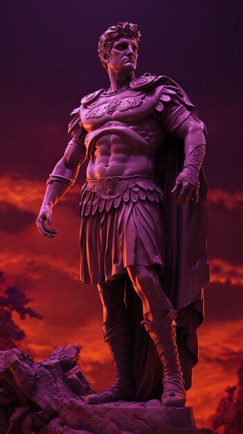 Photo a statue of a warrior with a red sky behind it