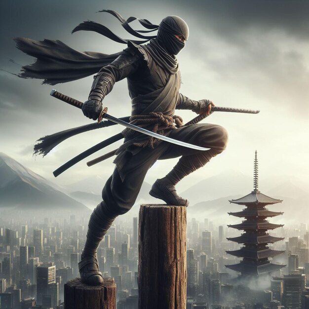 a statue of a warrior with a sword in his hand is standing on a stump with a city in the background