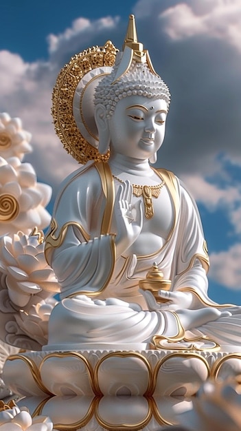 statue of a white buddha sitting on a cloud covered platform generative ai