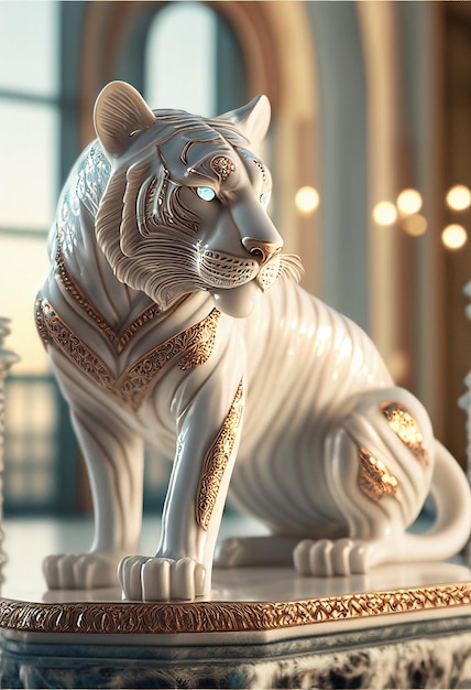 Statue of a white tiger sitting on top of a table generative ai