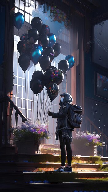 Photo a statue with balloons in the background and a picture of a man with a helmet on it