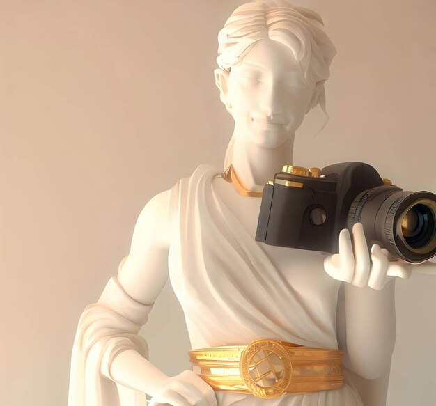 Foto statua con dettagli in oro e macchina fotografica adatta alla giornata della fotografia