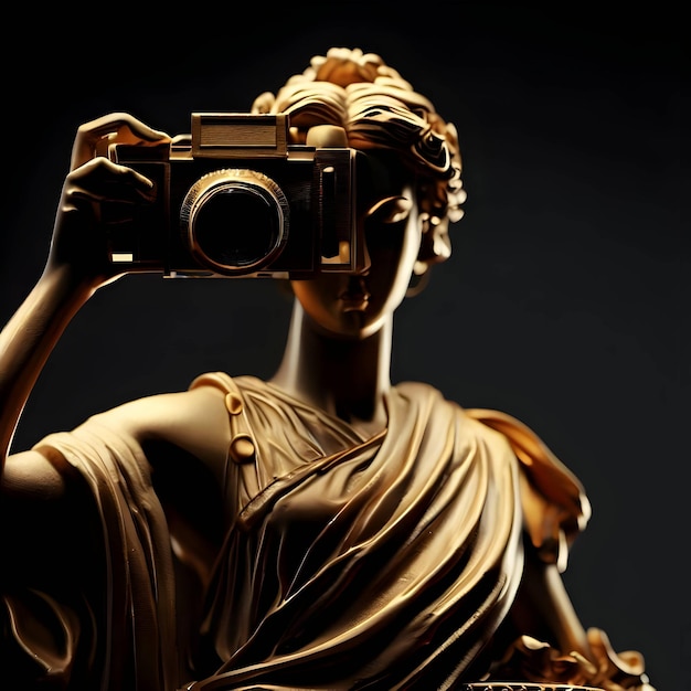 Статуя с золотыми деталями и камера, подходящая для Дня фотографии