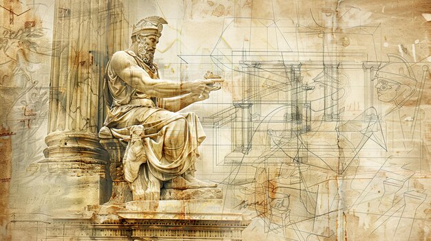 Photo a statue with a map and a drawing of a man with a sword