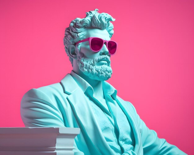 Foto una statua con occhiali da sole sullo sfondo della combinazione di colori vivaci dello sfondo rosa