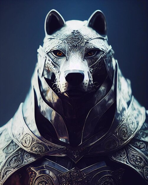 銀色のコートを着た狼の像。