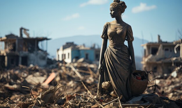 Statue of Woman Amidst Rubble