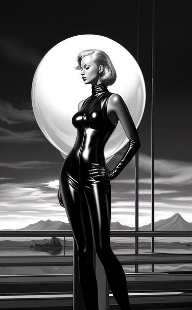 黒いスーツを着た女性の像が大きな丸い白い円の前に立っています