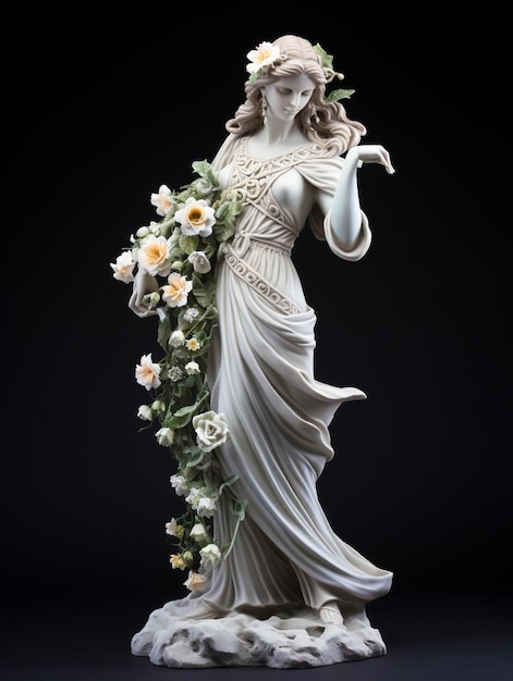 꽃을 들고 있는 여자의 동상입니다.