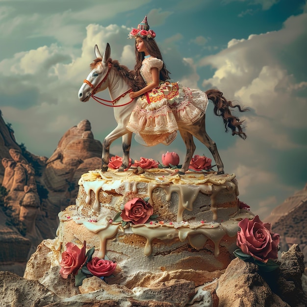 a statue of a woman on a horse with flowers on it