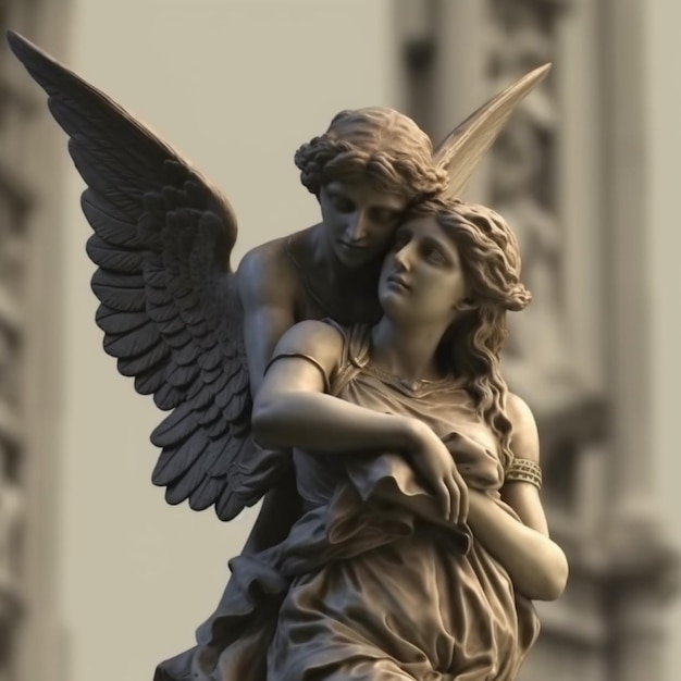 Photo statue of a woman hugging a winged statue in front of a building generative ai