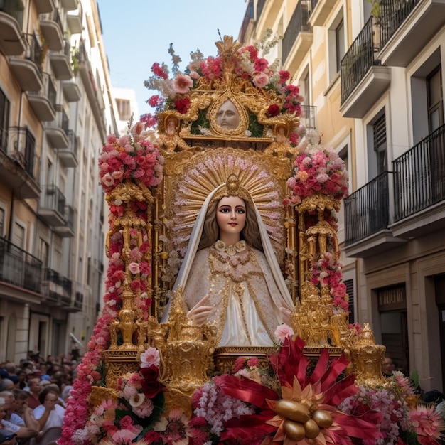 Photo a statue of a woman is on a float in a parade.