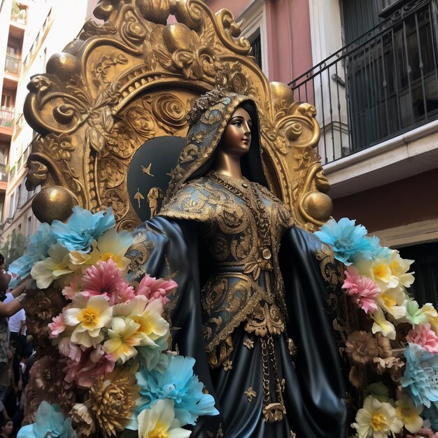 Photo a statue of a woman is in front of a gold and blue floral arrangement.