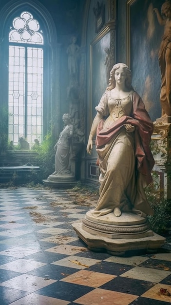 A statue of a woman is in a room with a window behind her.