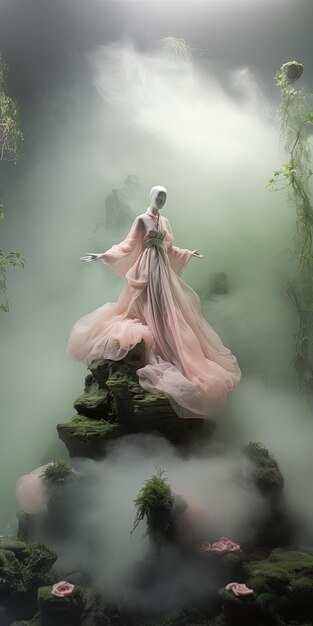 Photo a statue of a woman in a pink dress sits on a rock in the jungle.