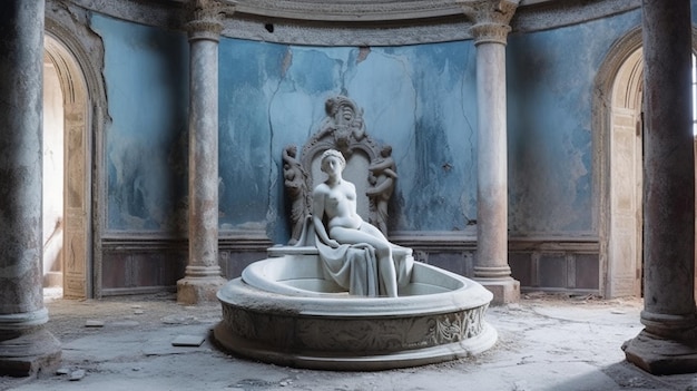 A statue of a woman sits in a blue room with columns and columns.