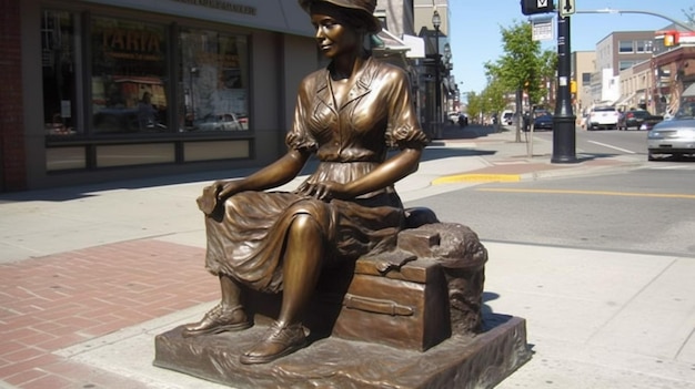 A statue of a woman sits on a sidewalk in front of a building that says " the word " on it ".