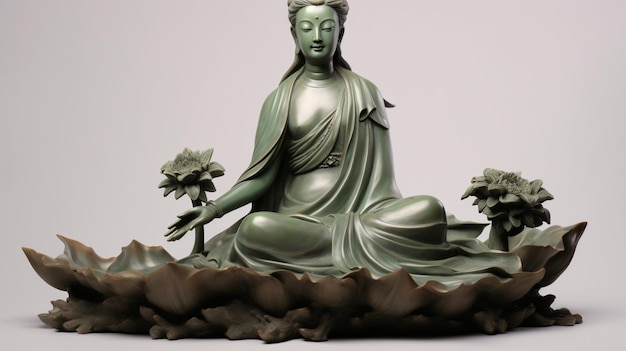 statue of a woman sitting on a lotus flower with a bird in her hand generative ai