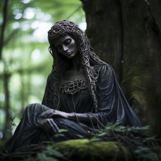 a statue of a woman sitting in the woods