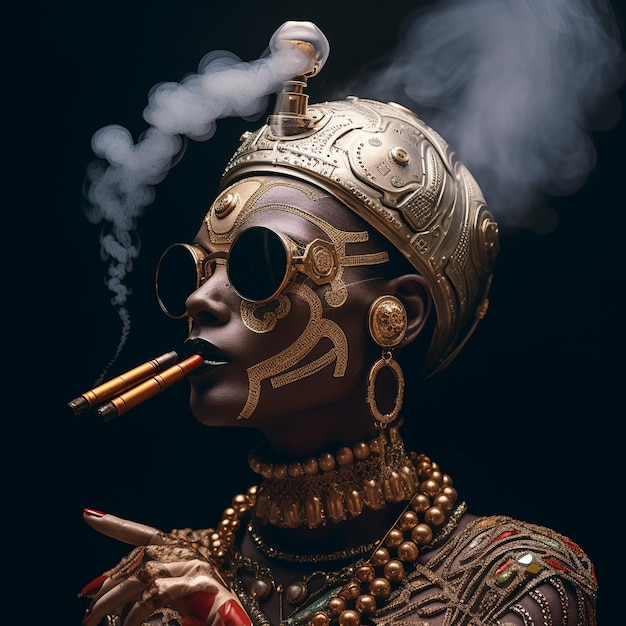 パイプを吸って煙が出ている女性の像。
