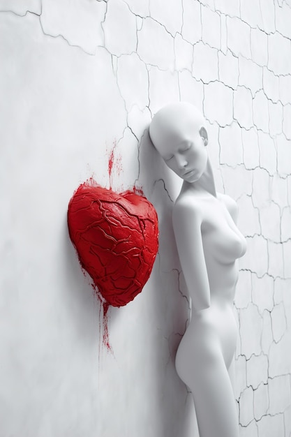 A statue of a woman stands next to a red heart on the wall Generative AI