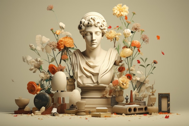 A statue of a woman surrounded by flowers Digital image Surreal still life