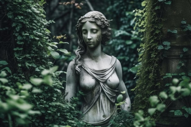 Foto una statua di una donna circondata da vegetazione generativa ai immagine