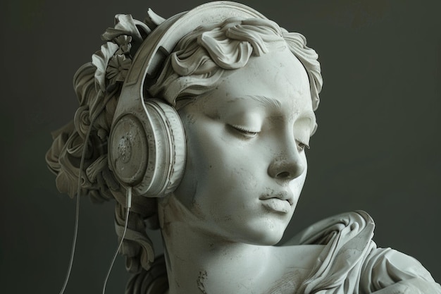 Foto una statua di una donna che indossa le cuffie ideale per concetti musicali o tecnologici