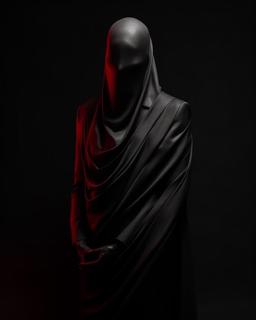 A statue of a woman with a black mask on her head stands in front of a red light